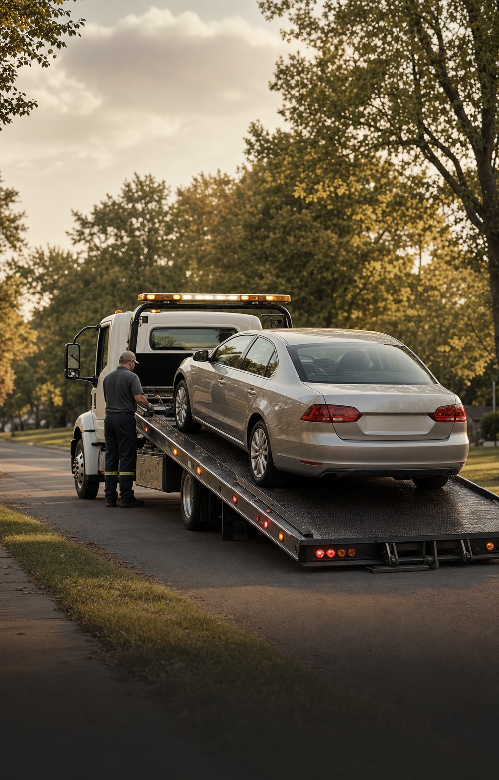 Vehicle loaded onto a flatbed tow truck