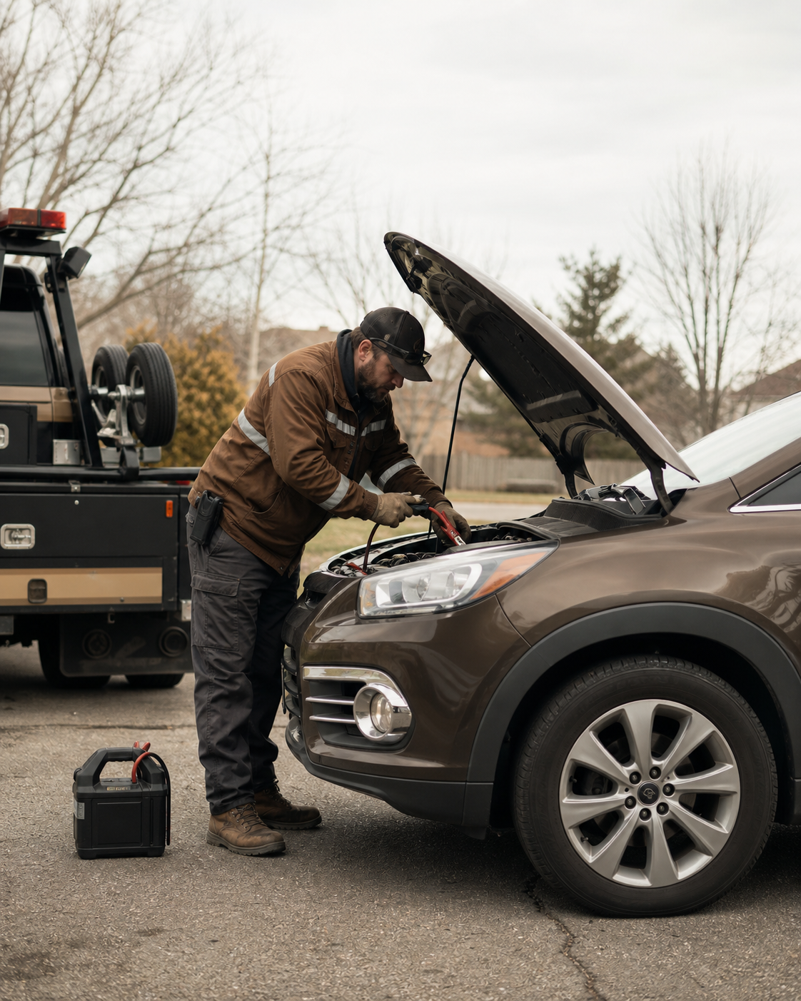 Roadside technician providing a jump start