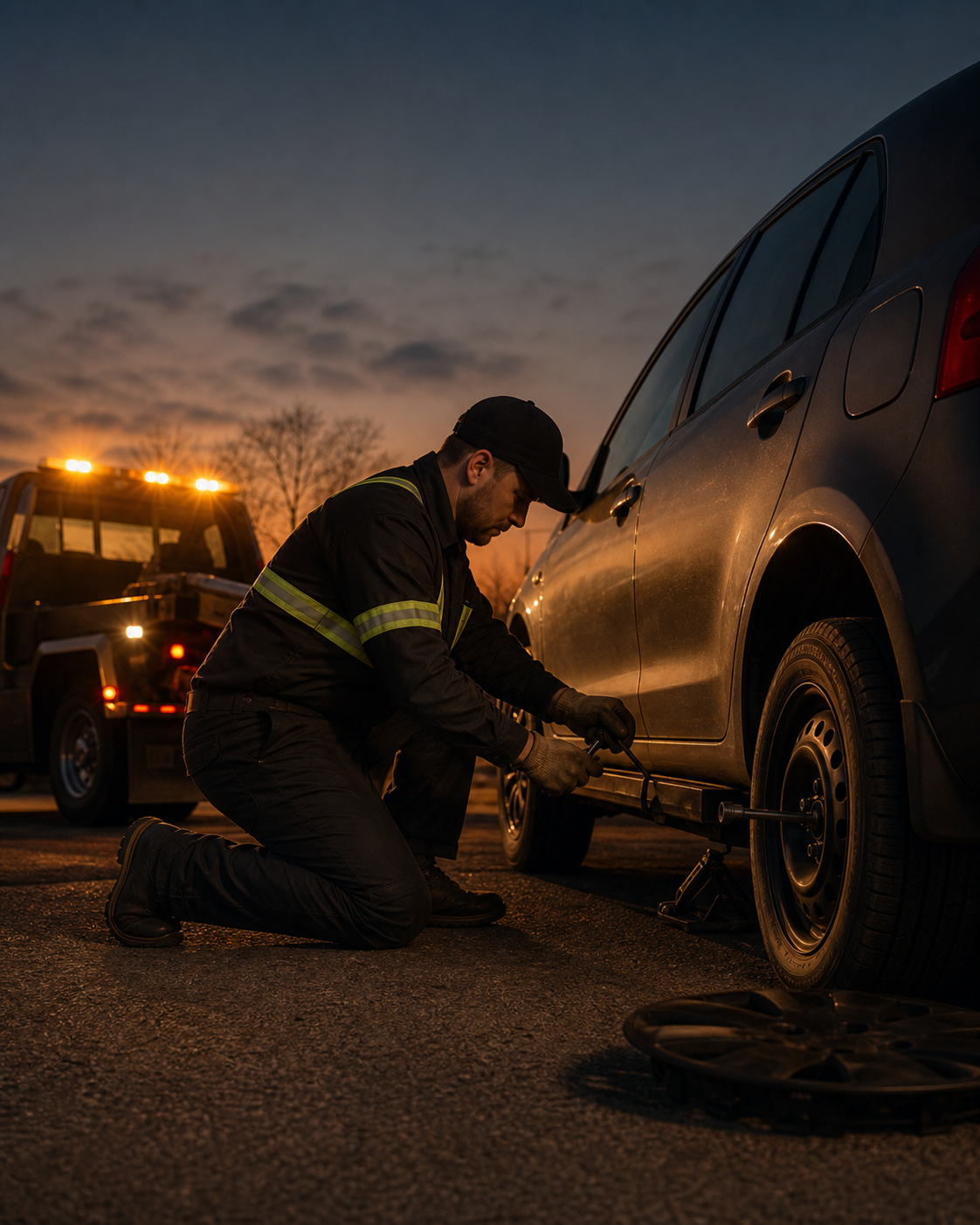 Roadside technician changing a flat tire