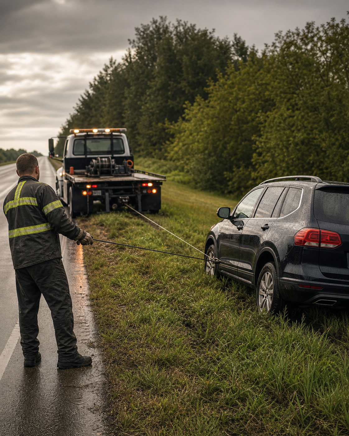 Tow truck performing a vehicle winch-out