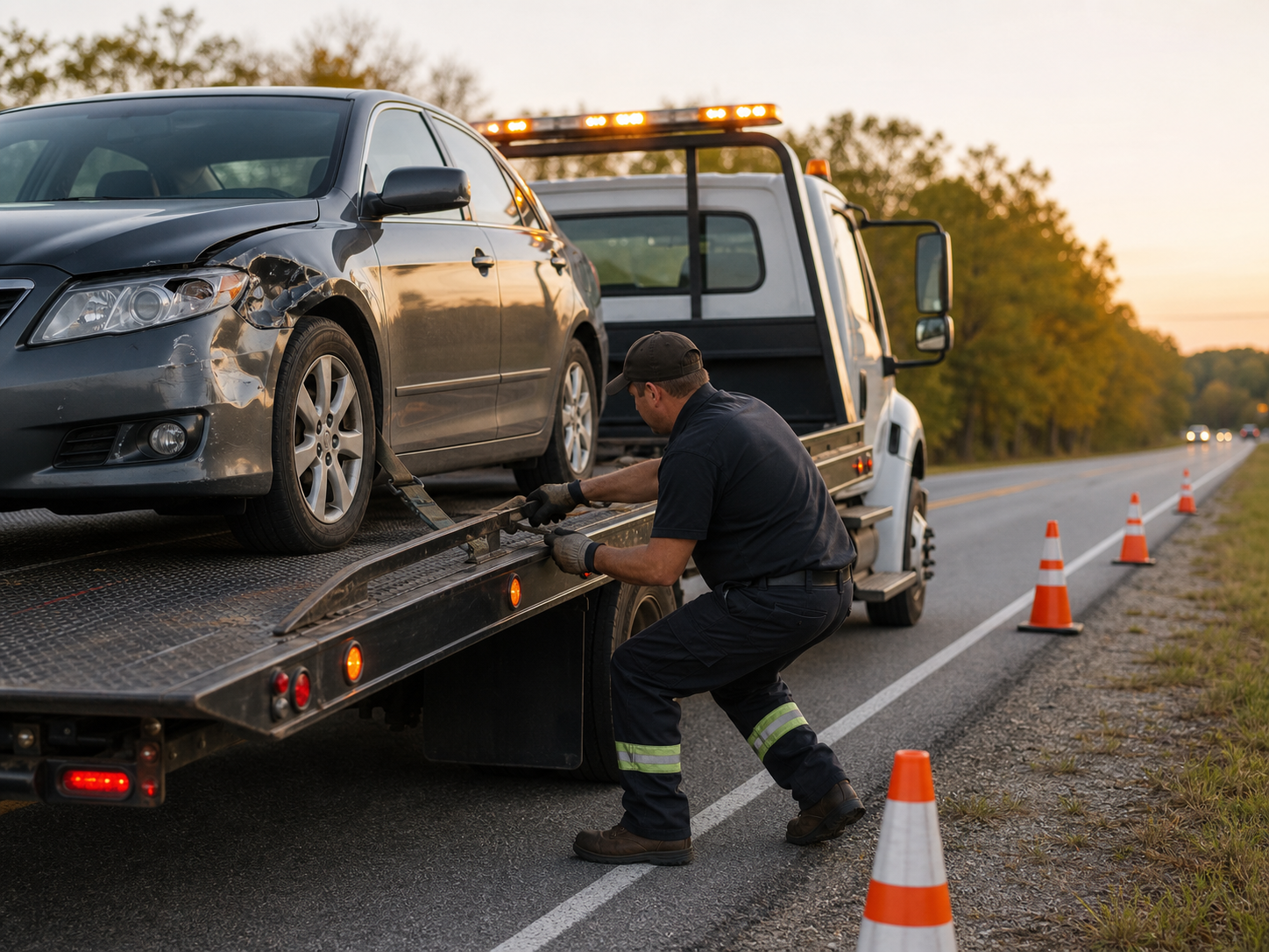 Tow operator securing a disabled sedan after a minor roadside incident