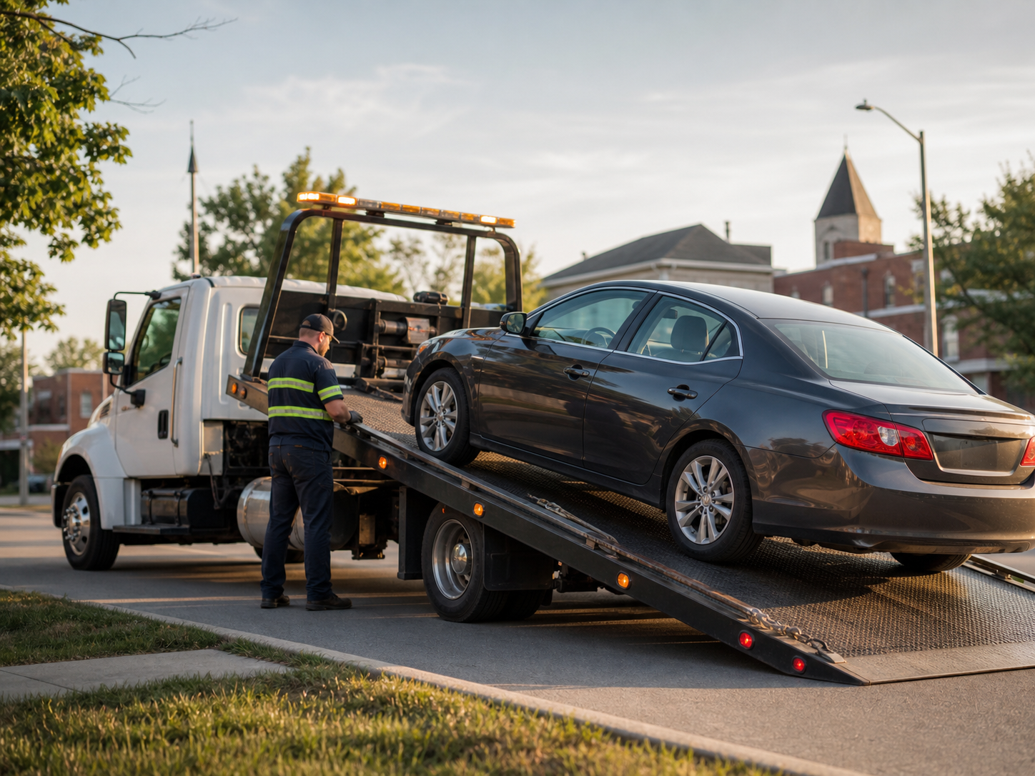 Flatbed tow truck loading a sedan for local towing service