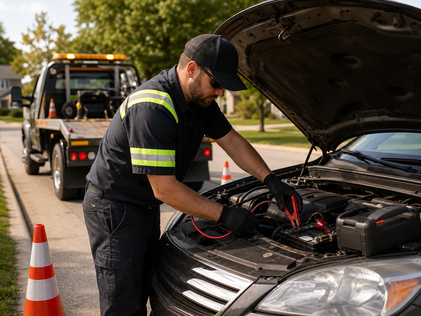 Roadside technician jump starting a car battery