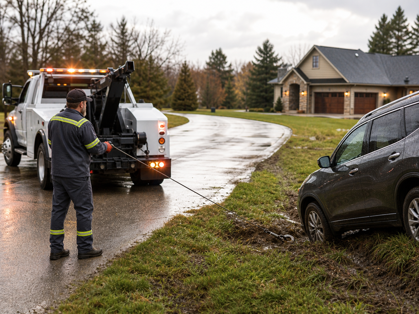 Tow truck winching an SUV from a wet grassy shoulder